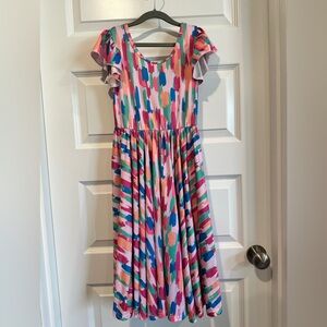 Dot Dot Smile Girls Rainbow Brushstroke Flutter Sleeve Dress - EUC